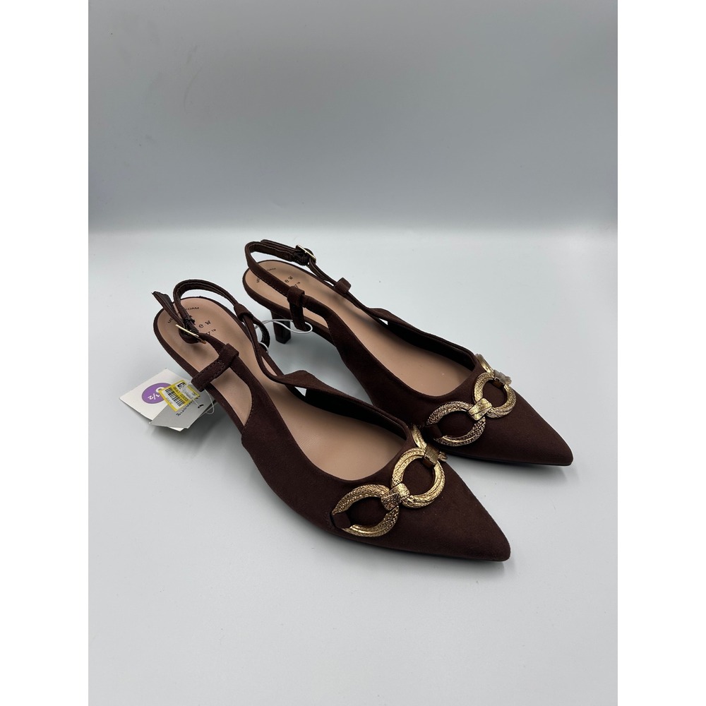 A New Day Brown Faux Suede Slingback Kitten Heels Gold Chain Pointed Toe 6.5